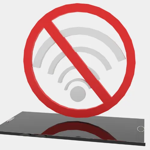 Symboldarstellung Arbeitszeit in der digitalen Arbeitswelt mit Uhr, Smartphone-Benachrichtigungen und durchgestrichenem WLAN-Symbol für Nichterreichbarkeit