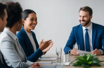 Betriebsratsmitglieder sitzen gemeinsam am Tisch zur konstituierenden Sitzung und wählen den Vorsitzenden des neu gegründeten Betriebsrats