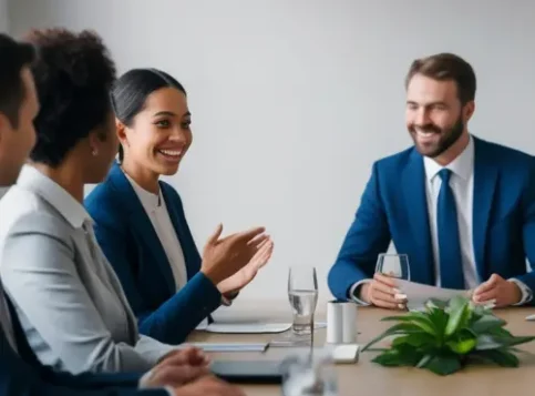 Betriebsratsmitglieder sitzen gemeinsam am Tisch zur konstituierenden Sitzung und wählen den Vorsitzenden des neu gegründeten Betriebsrats