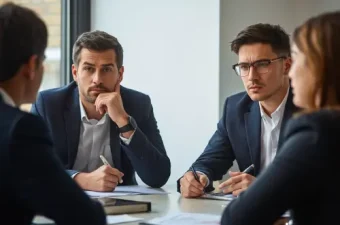 Ein Betriebsrat und eine Führungskraft diskutieren über die Einführung von KI am Arbeitsplatz und die Sicherung der Jobs.