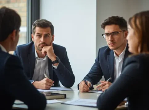 Ein Betriebsrat und eine Führungskraft diskutieren über die Einführung von KI am Arbeitsplatz und die Sicherung der Jobs.