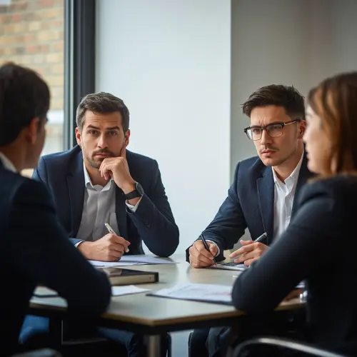 Ein Betriebsrat und eine Führungskraft diskutieren über die Einführung von KI am Arbeitsplatz und die Sicherung der Jobs.