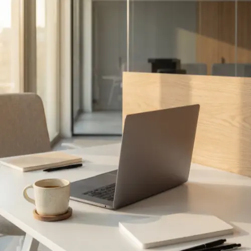 Moderner Büroraum mit leeren Schreibtischen und Schließfächern zur Illustration von Desksharing und Clean Desk Regeln.