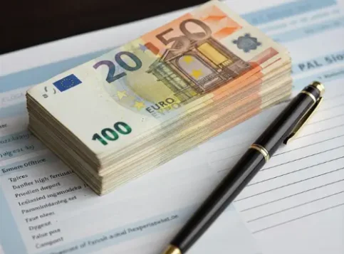 Ein Stapel Euro-Geldscheine liegt auf einem Gehaltszettel neben einem Stift, symbolisch für die Lohngestaltung und dauerhafte Gehaltserhöhungen im Betrieb.