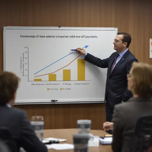 Ein Betriebsratsmitglied zeigt auf einem Whiteboard eine Grafik zur Entwicklung von Grundgehältern im Vergleich zu Einmalzahlungen während einer Ausschusssitzung.