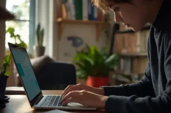 Eine Person sitzt konzentriert im Homeoffice am Laptop und absolviert eine digitale Weiterbildung während der regulären Arbeitszeit.