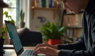 Eine Person sitzt konzentriert im Homeoffice am Laptop und absolviert eine digitale Weiterbildung während der regulären Arbeitszeit.