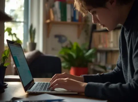 Eine Person sitzt konzentriert im Homeoffice am Laptop und absolviert eine digitale Weiterbildung während der regulären Arbeitszeit.